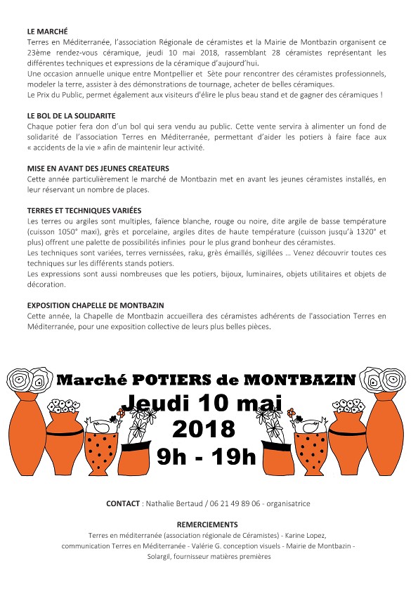 Marché potier de Montbazin (Hérault) le jeudi 10 mai 2018 au Jardin Méditerranéen - céramique et poterie